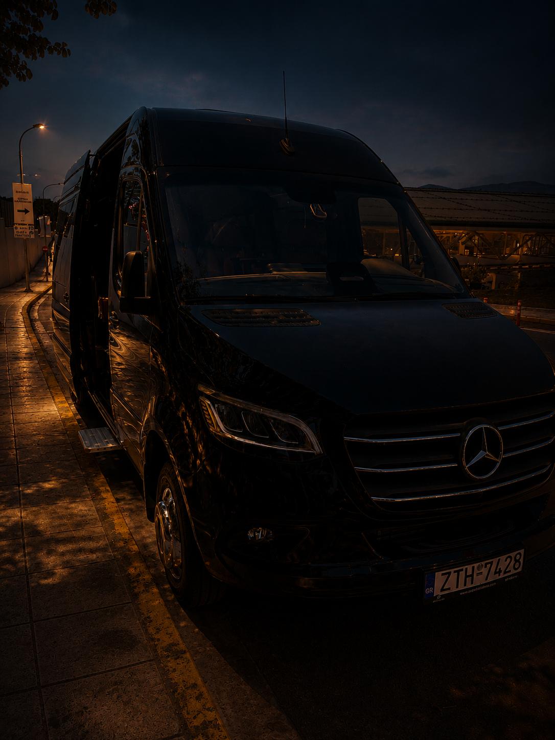 Mercedes-Benz Sprinter VIP luxury transfer Athens Greece - front view at night